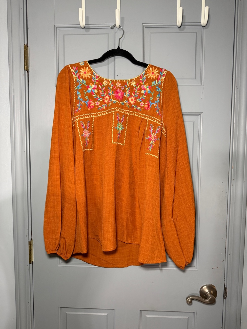 Embroidered Boho Tunic Top in Orange with Floral Yoke
